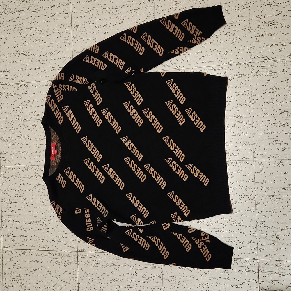 Guess Multi Spell Out Logo Knit Pullover Crewneck Sweater Black And Brown